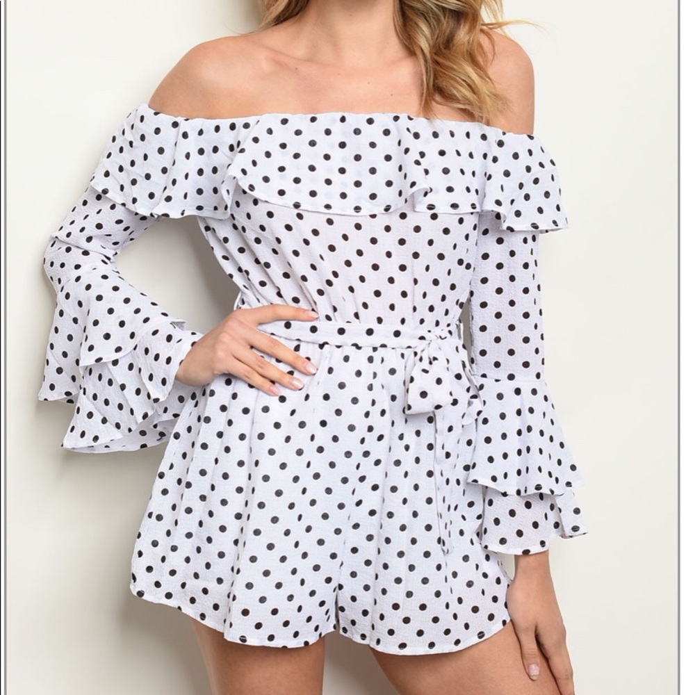 Off Shoulder Black/White Polka Dot Romper